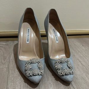 Manolo Blahnik 
HANGISI GLITTER Silver Glitter Jewel Buckle Pumps